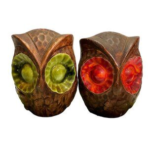 Vtg MCM Owl Salt & Pepper Shakers by Treasure Craft Ceramic Big Eyes USA Made